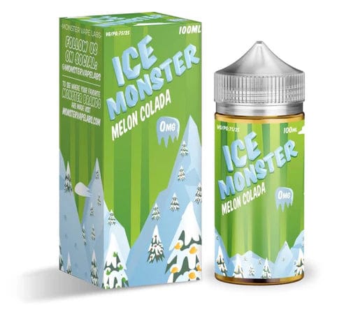 Melon Colada ICE Monster e-liquid bottle, 100mL, featuring a tropical melon and coconut flavor with colorful branding.