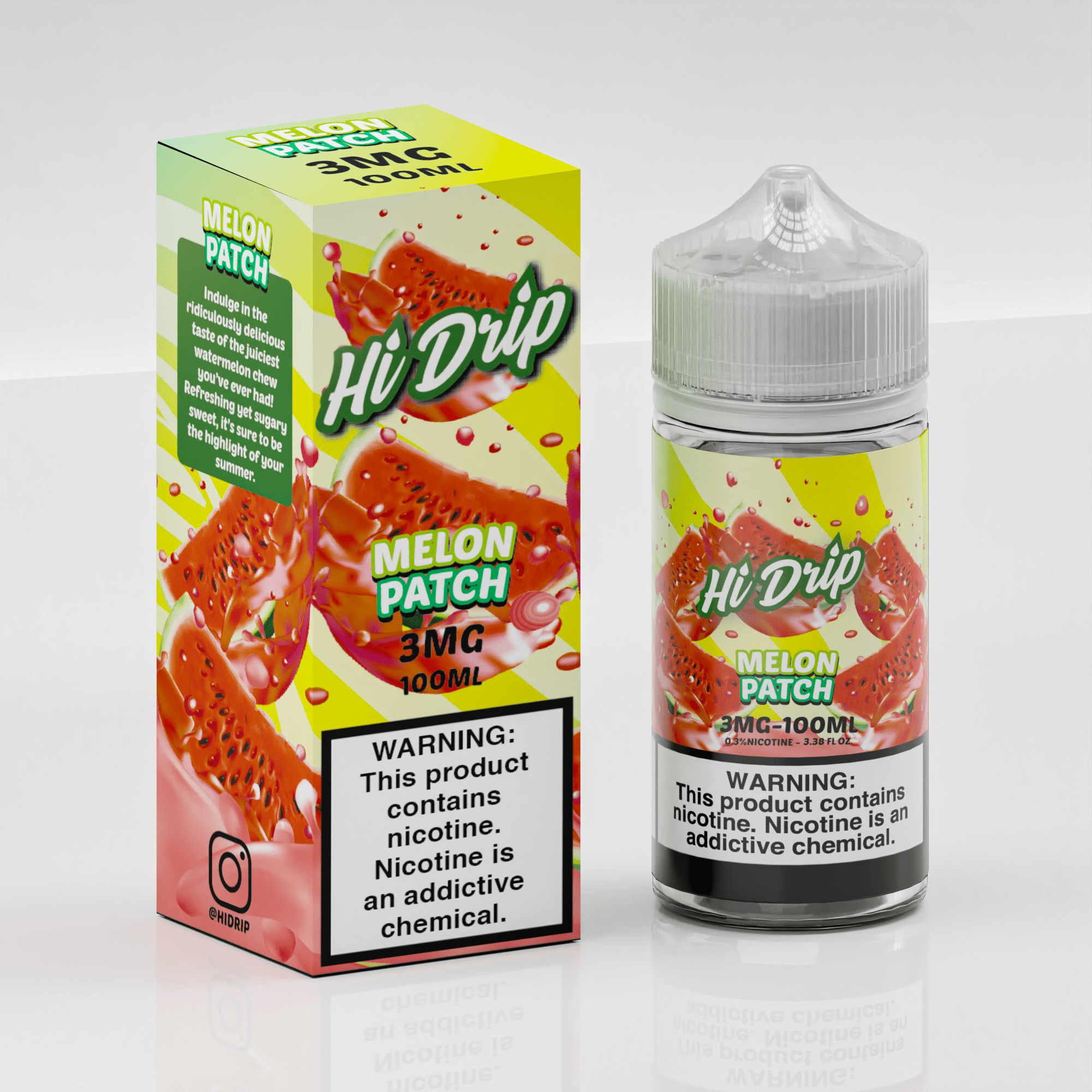 Bottle of Melon Patch Hi Drip e-liquid in 100mL bottle, featuring vibrant melon flavor branding on the label.