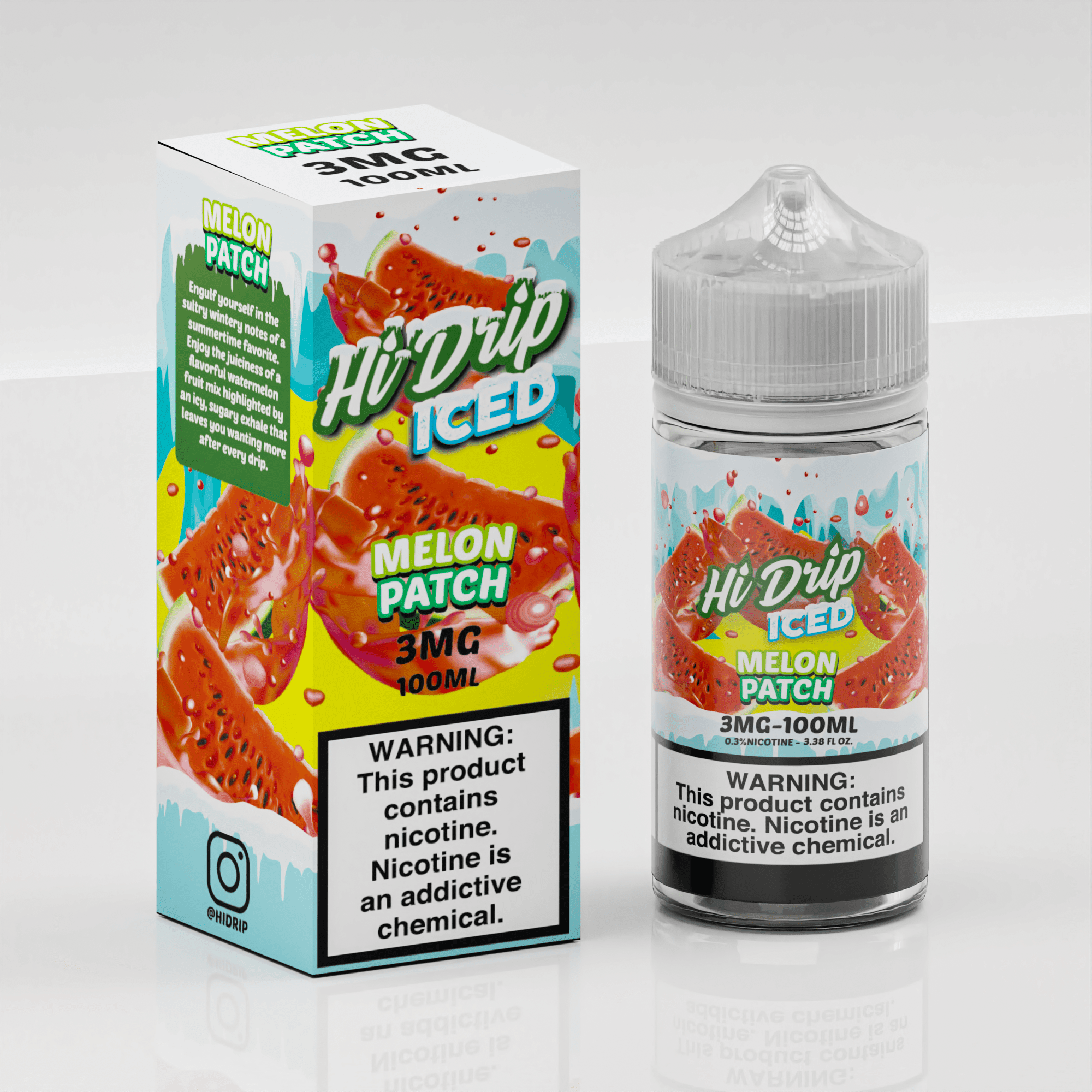 Melon Patch ICED Hi Drip e-liquid 100mL bottle featuring a vibrant label with melon and icy flavor imagery.