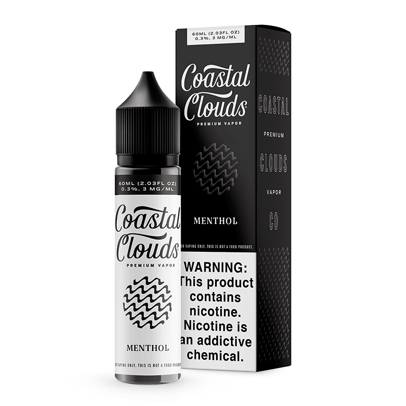 Coastal Clouds Menthol e-liquid 60mL bottle with clear label, featuring a refreshing menthol flavor for vaping.