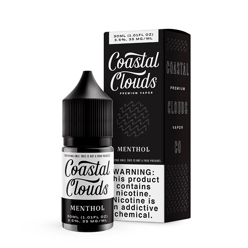 Bottle of Coastal Clouds Menthol SALT e-liquid 30mL with clear label, featuring a cool menthol flavor for vaping.