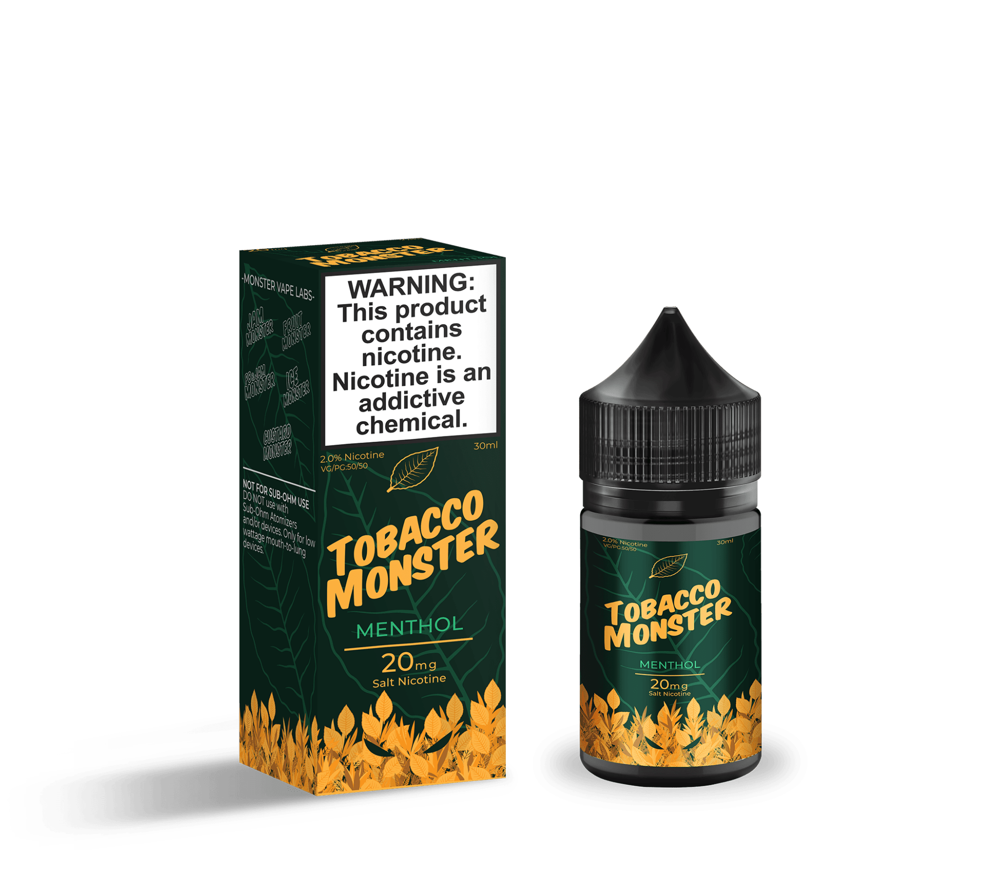 Bottle of Tobacco Monster Menthol SALT E-liquid in 30mL size with menthol flavor, featuring a sleek label design.