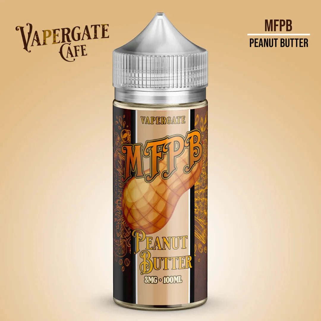Vapergate MFPB Vapergate Cafe 100mL e-liquid bottle with label, featuring a sleek design and branding for vaping.