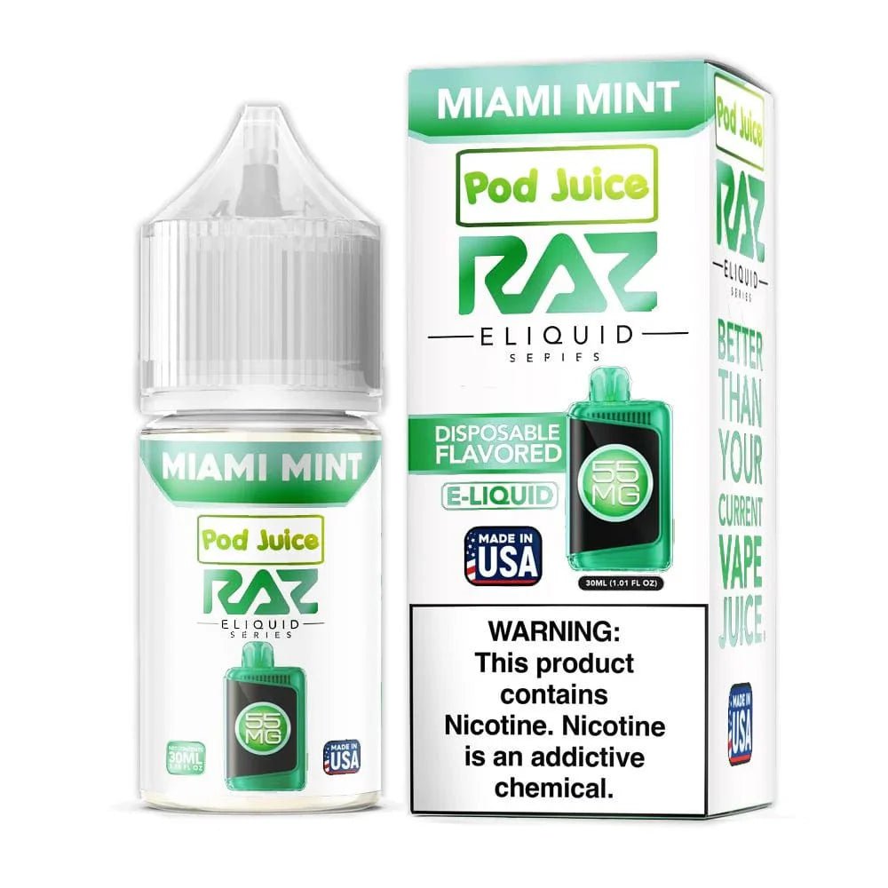 Miami Mint SALT Pod Juice e-liquid in 30mL bottle with fresh mint and cool flavor, suitable for vaping.