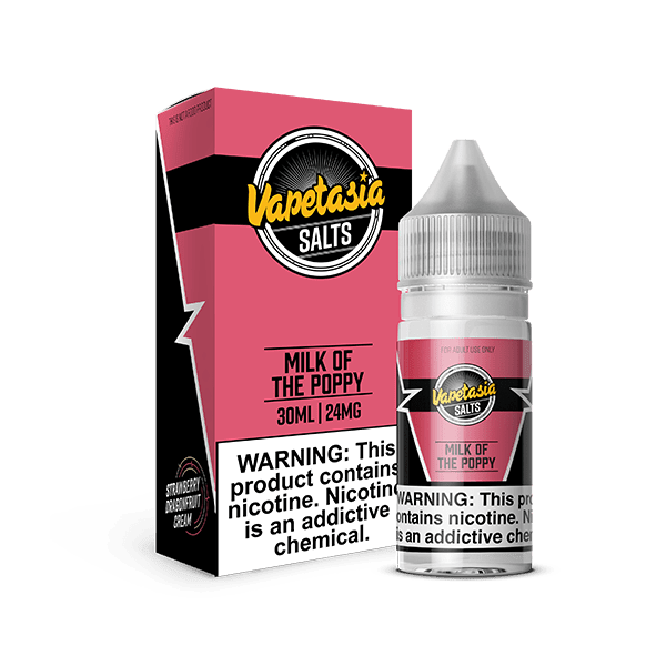 Vapetasia Milk Of The Poppy Salt e-liquid bottle, 30mL, with colorful label featuring floral and poppy imagery.