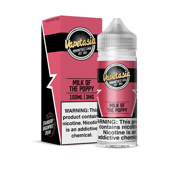 Vapetasia Milk of the Poppy e-liquid bottle, 100ml, with colorful label featuring floral design and branding for vaping.