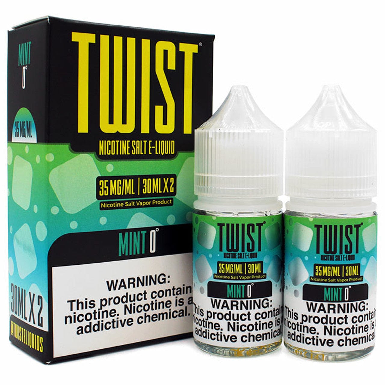 Bottle of Twist E-liquids Mint 0 Salt flavor in a 60mL e-liquid bottle with mint infusion, designed for vaping.
