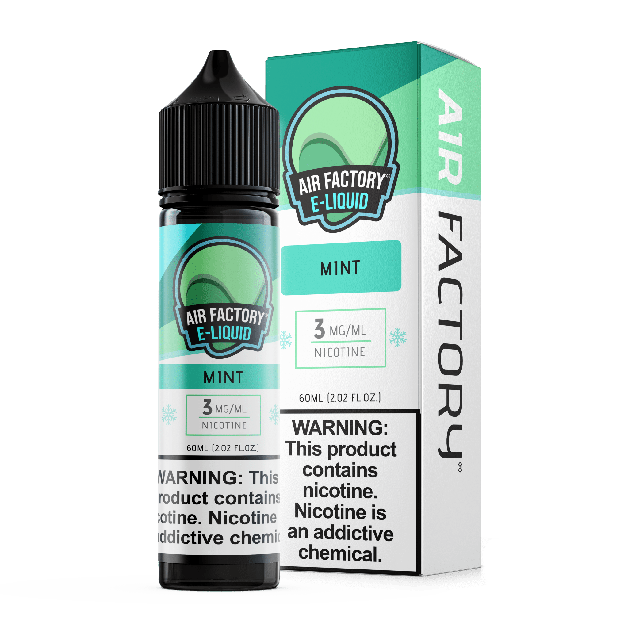 Bottle of Mint Air Factory E-Liquid 60mL with mint flavor and clear label showing brand and product details.