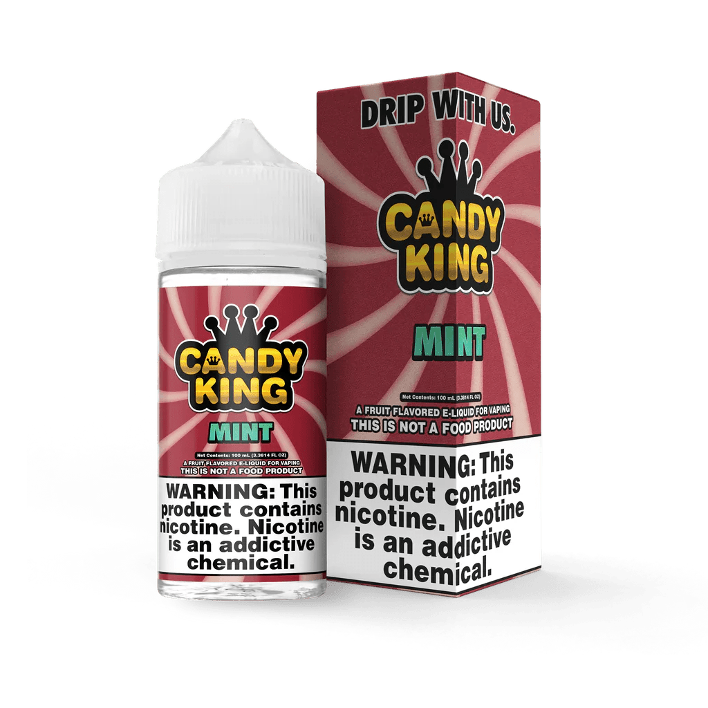 Mint-flavored Candy King 100mL e-liquid bottle with vibrant mint design and clear labeling on a white background.