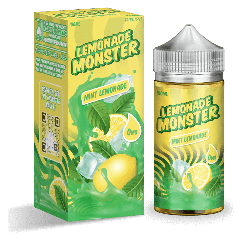 Mint Lemonade Lemonade Monster 100mL e-liquid bottle with mint and lemon flavor, clear label and colorful packaging.