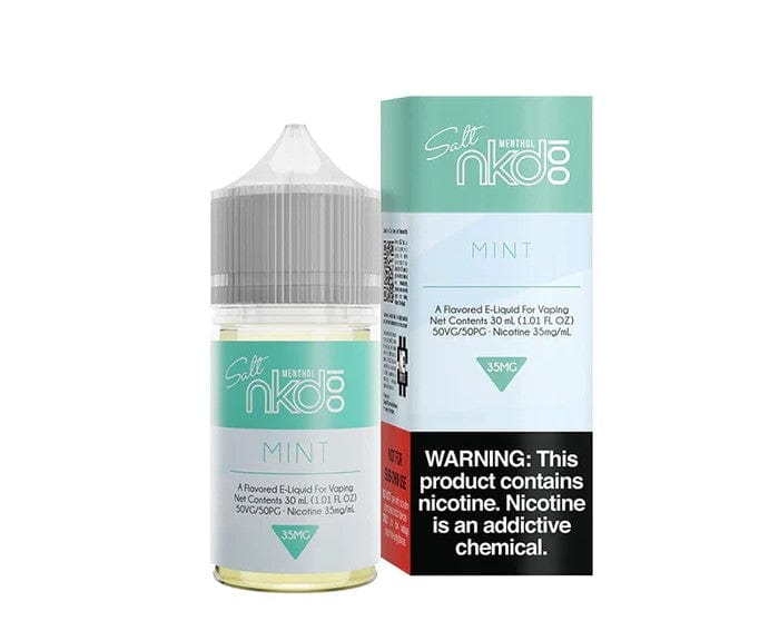 Bottle of Naked 100 Mint SALT e-liquid, 30mL, with mint flavor and nicotine salt formulation, displayed on a plain background.