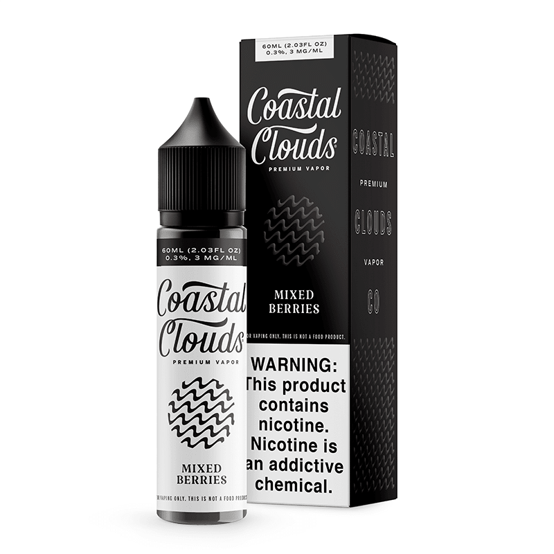 Coastal Clouds Mixed Berries e-liquid bottle, 60mL with vibrant label featuring an array of fresh berries for vaping.