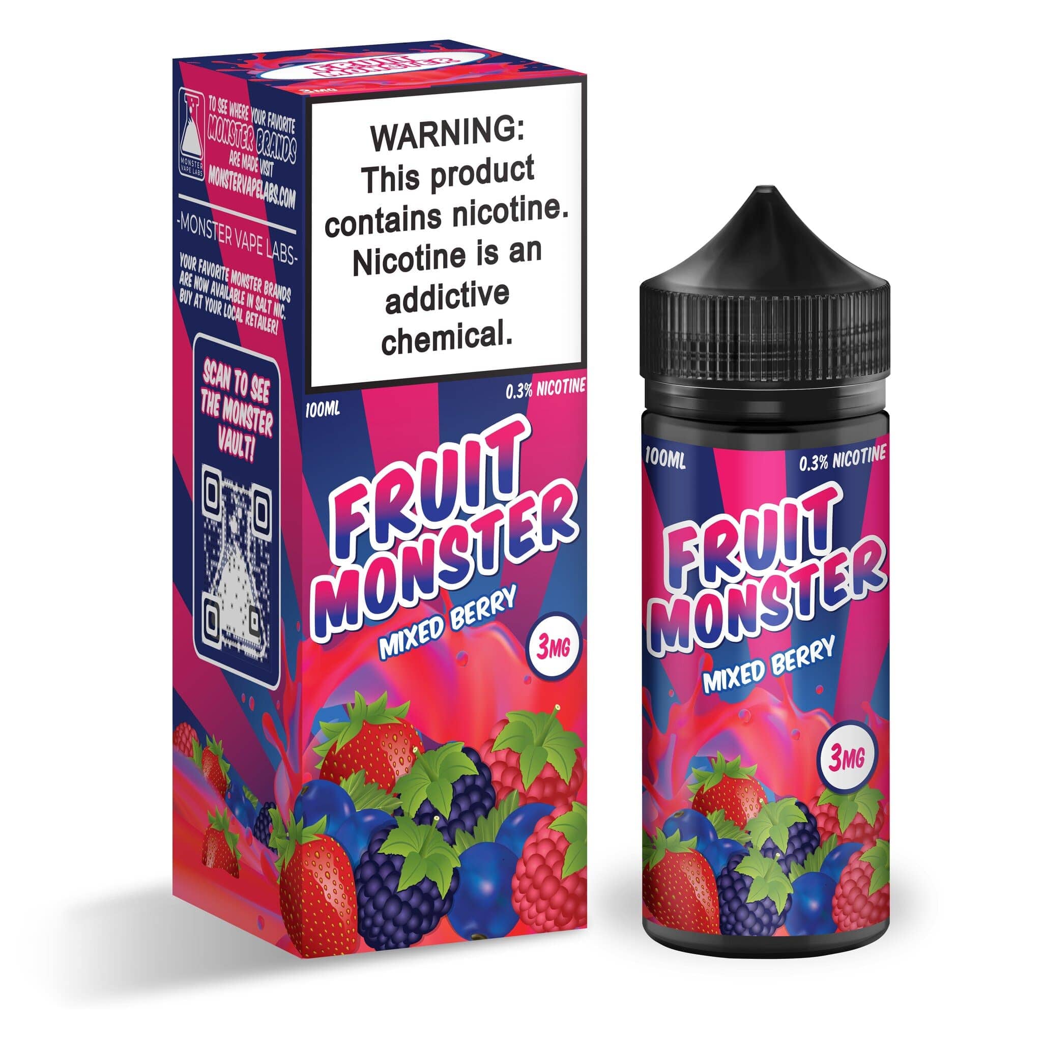 Mixed Berry Fruit Monster e-liquid in a 100mL bottle, featuring a vibrant blend of assorted berries for a fruity vaping experience.