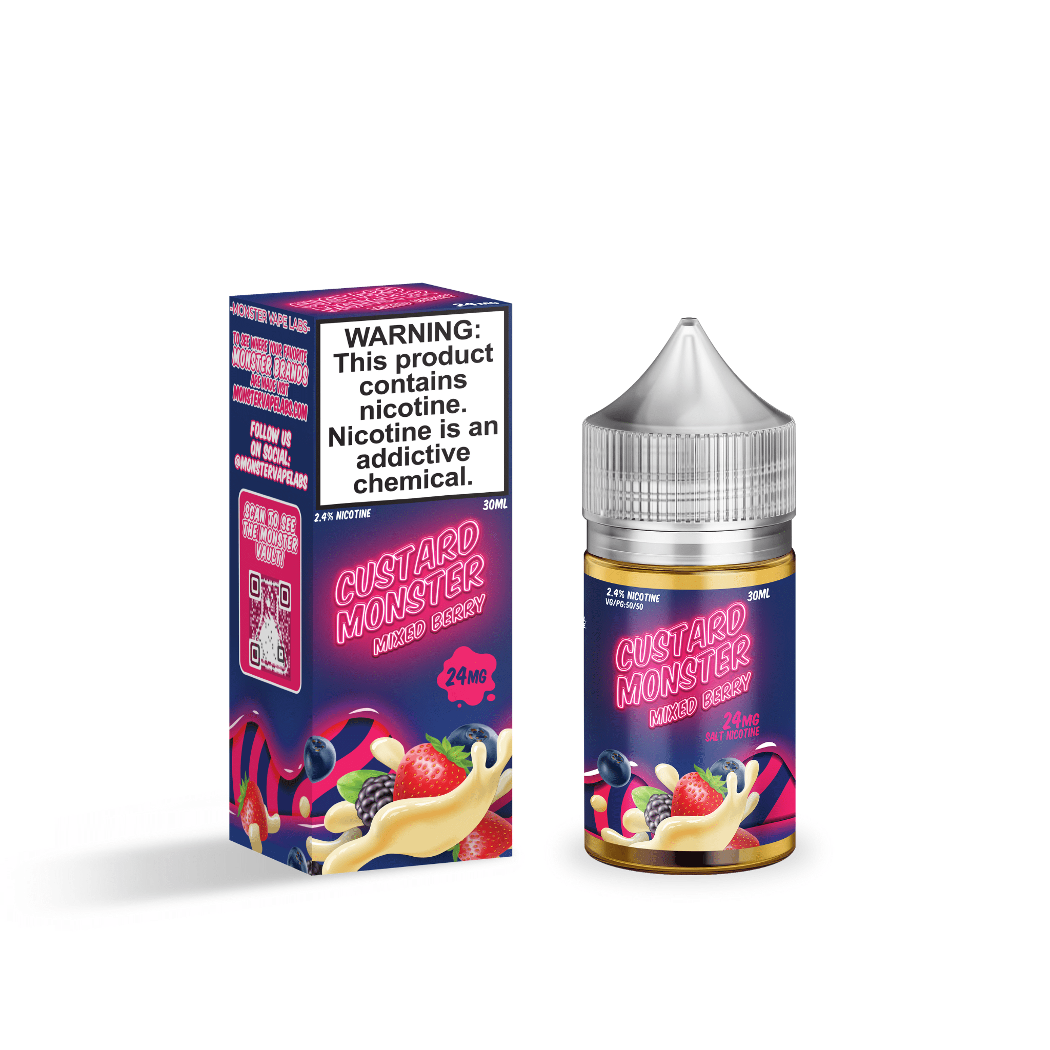 Mixed berry flavored salt nicotine e-liquid by Custard Monster in a 30mL bottle, featuring a blend of fresh berries and custard flavor.