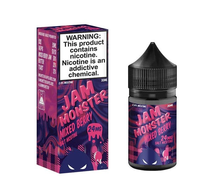 Mixed Berry SALT e-liquid by Jam Monster E-Liquid in 30mL bottle, featuring a blend of fresh mixed berries flavor.