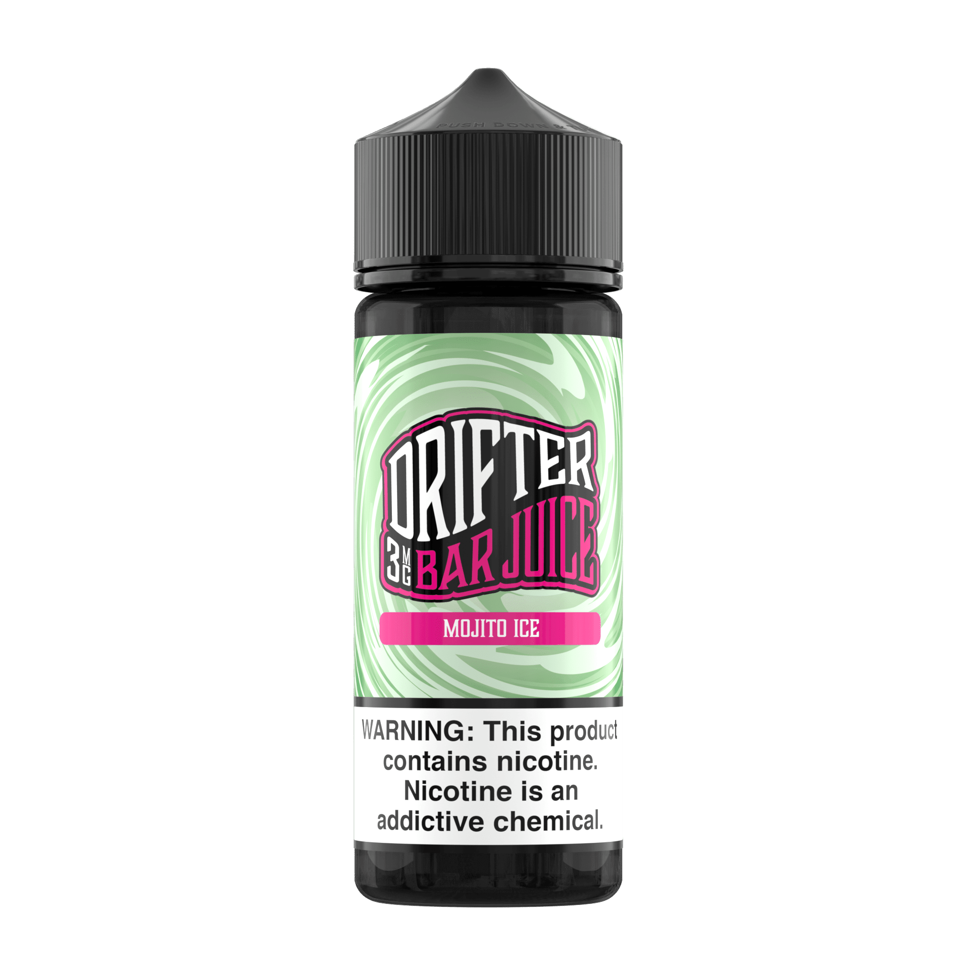 Bottle of Mojito ICE Drifter E-Liquid 120mL with mint and lime flavor, designed for vaping and flavored e-cigarette use.