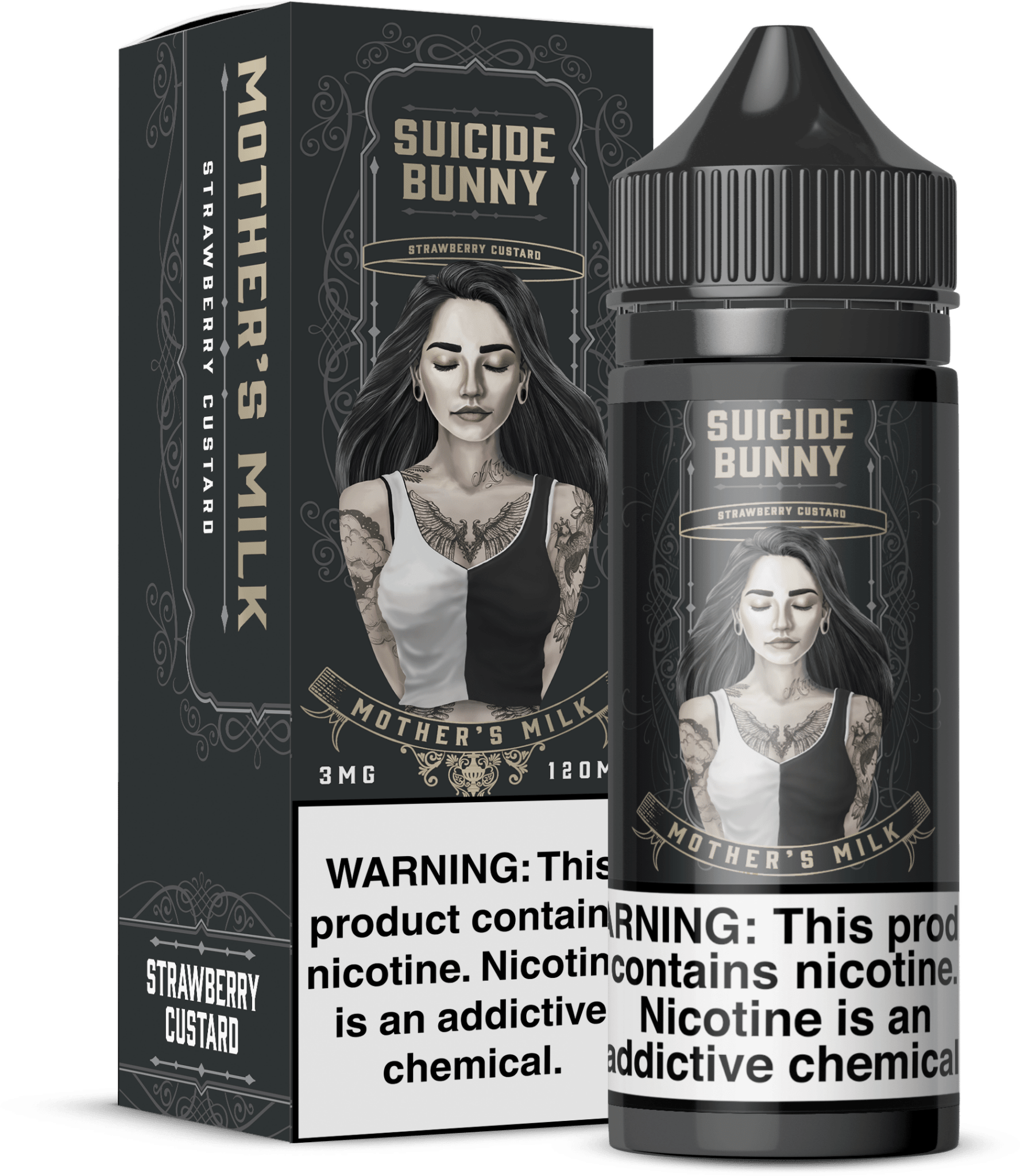Bottle of Mother's Milk Suicide Bunny e-liquid 120mL with colorful label and dropper cap, showing the product's packaging and branding.