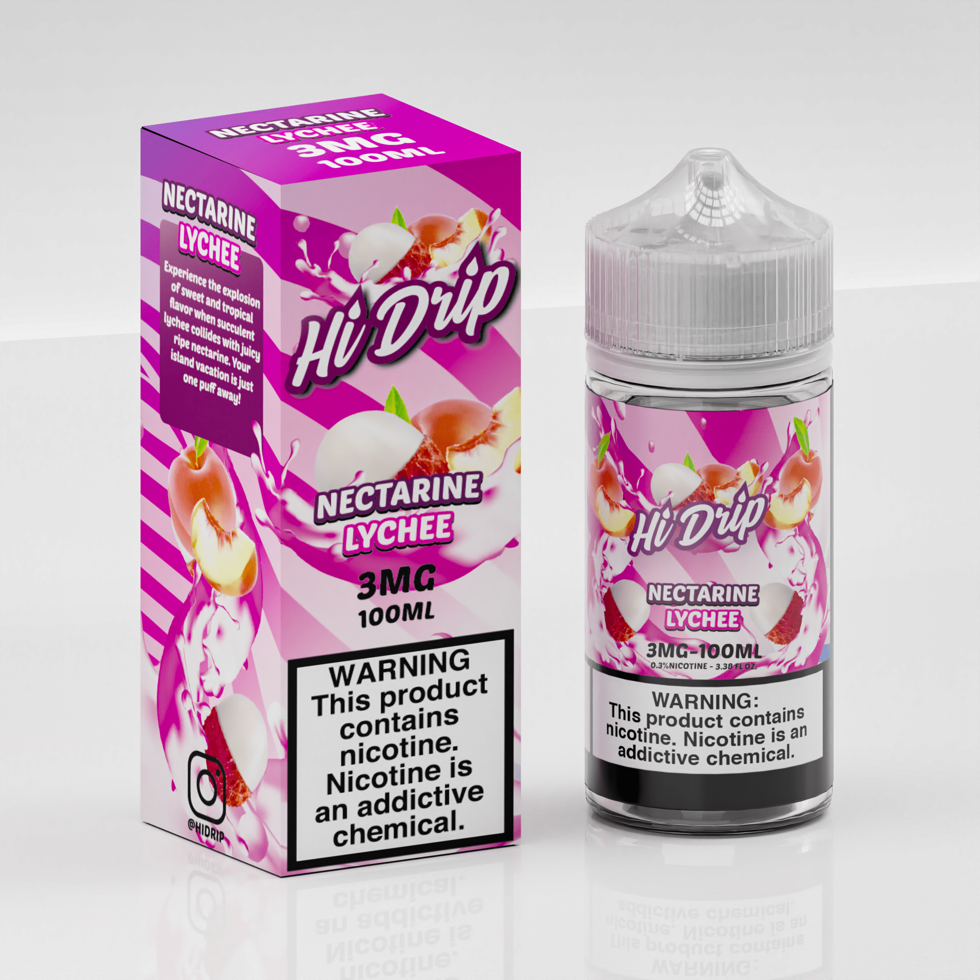 Bottle of Hi Drip Nectarine Lychee e-liquid 100mL, featuring a colorful label with ripe nectarines and lychee fruit.