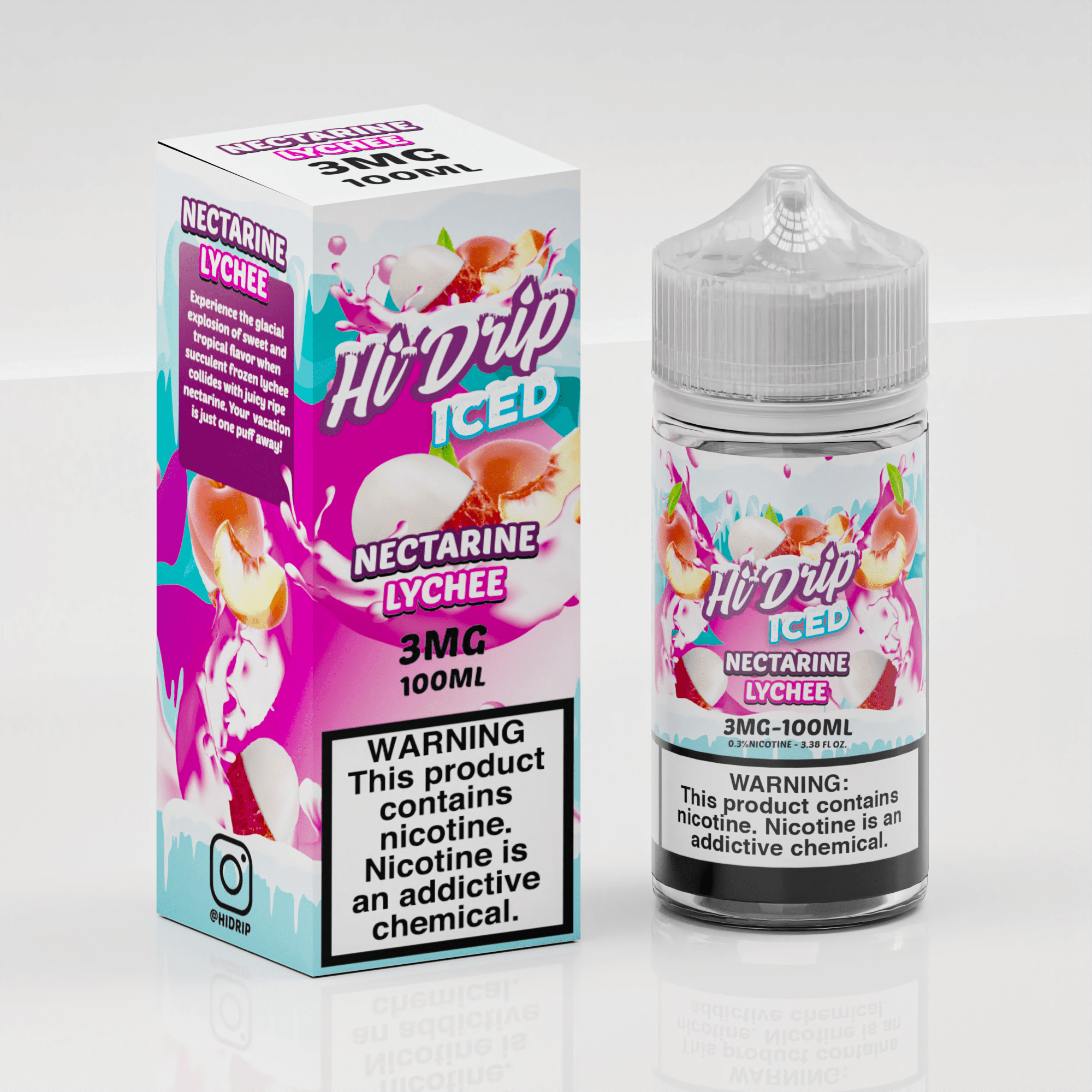 Bottle of Hi Drip Nectarine Lychee Iced E-liquid in 100mL bottle, featuring vibrant label with nectarine and lychee fruits.