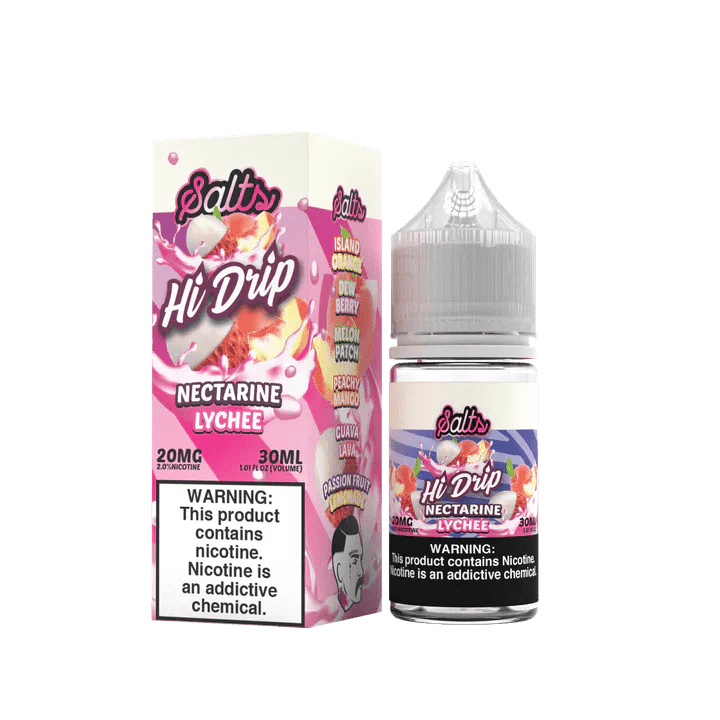 E-liquid bottle of Nectarine Lychee SALT by Hi Drip, 30mL, featuring vibrant flavors of ripe nectarine and sweet lychee.