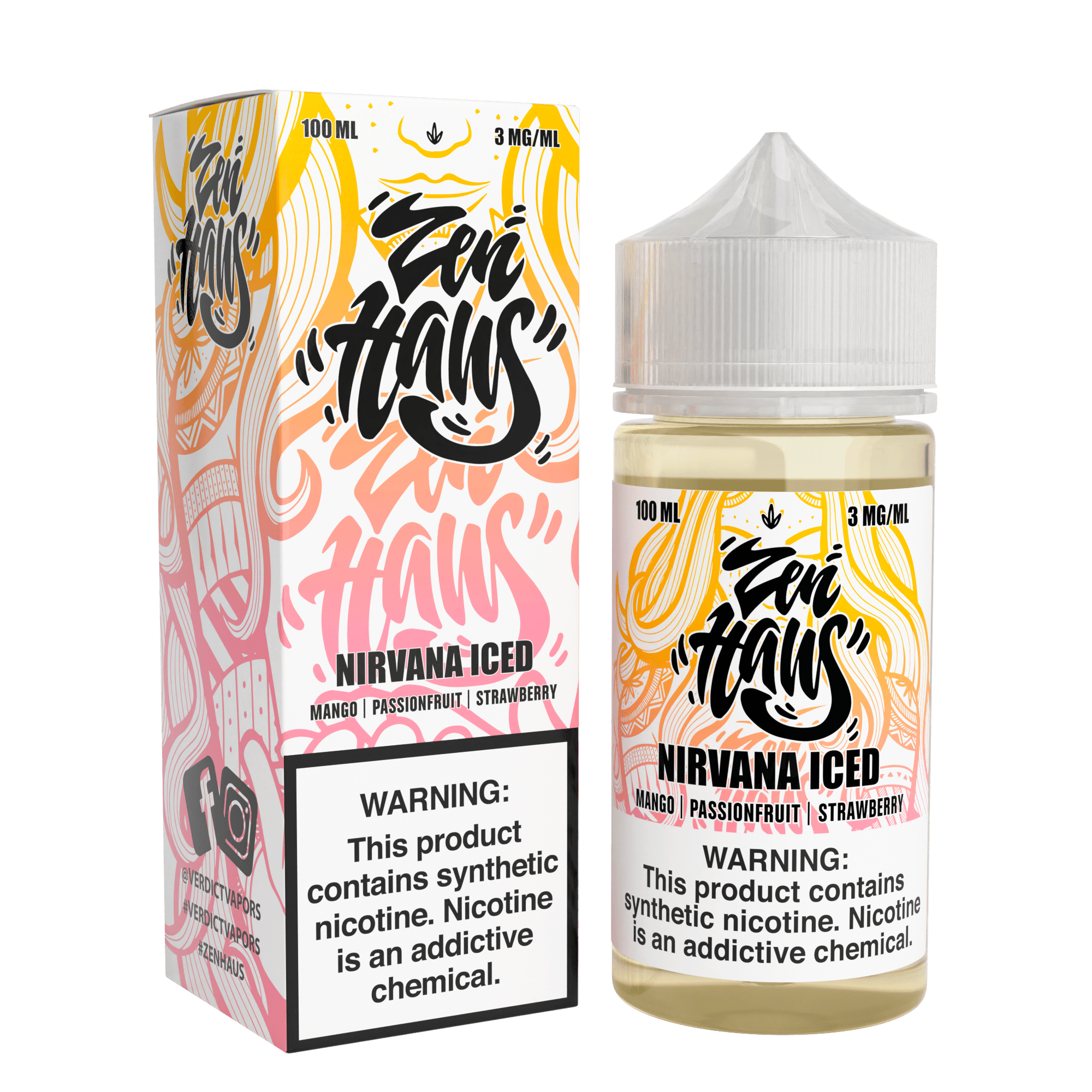 Zen Haus Nirvana ICED vape juice bottle, 100mL size with 3mg nicotine, featuring a sleek design and vibrant label.