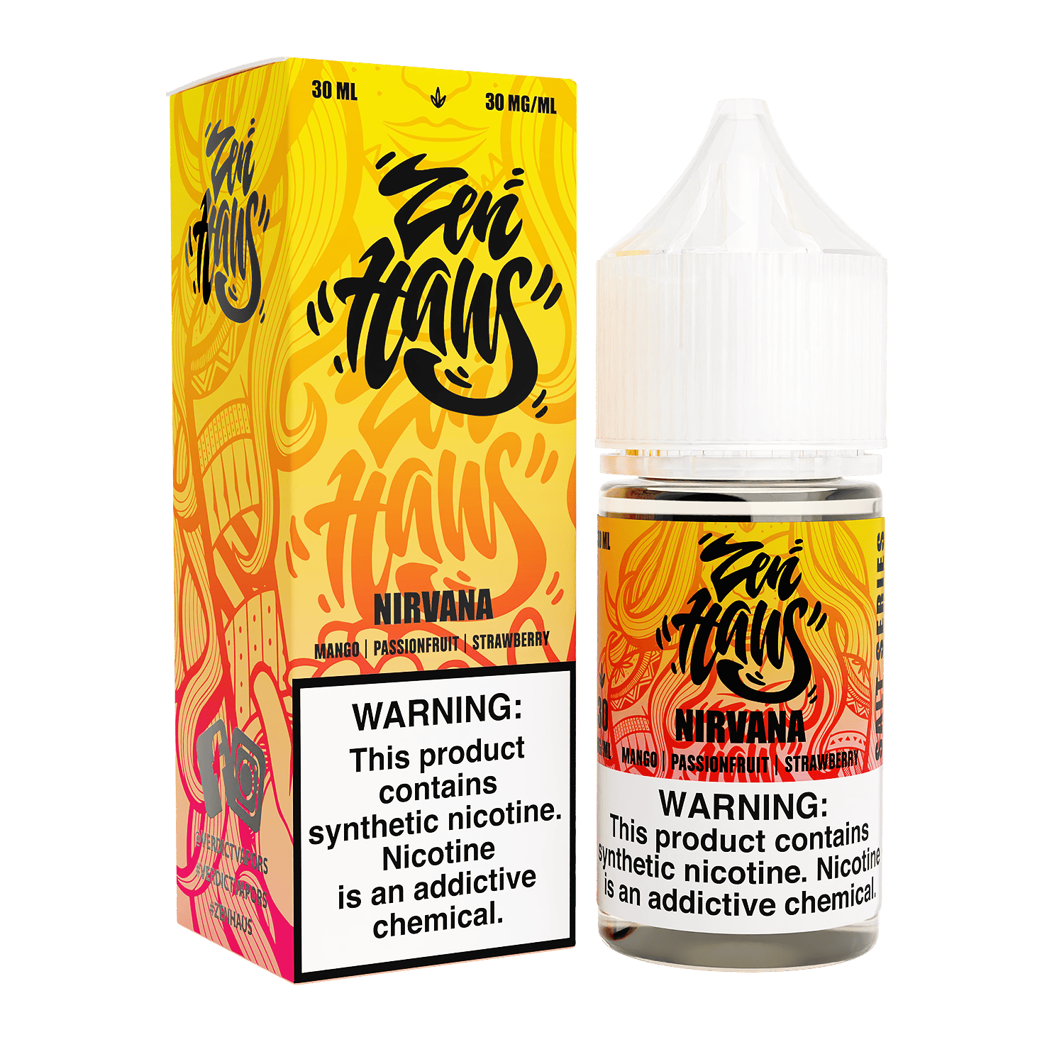 Zen Haus Nirvana SALT nicotine salt bottle with 30mL of clear liquid, designed for vaping, in a sleek 30mL container.