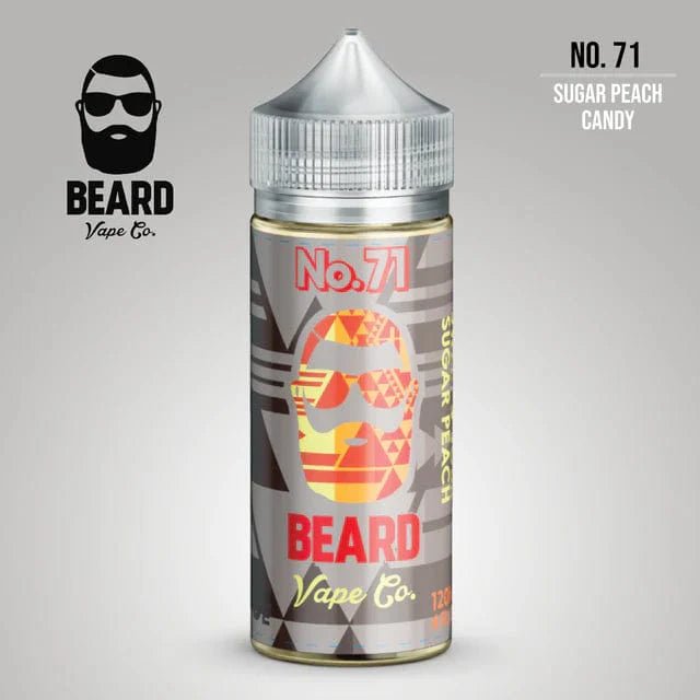 No. 71 Peach Candy Beard Vape Co e-liquid bottle, 120mL, featuring peach candy flavor and colorful packaging.