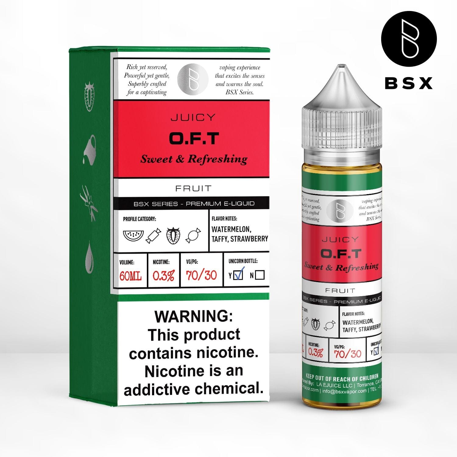 BSX Vapor OFT BSX Series 60mL e-liquid bottle with colorful label and plastic cap on a plain background.