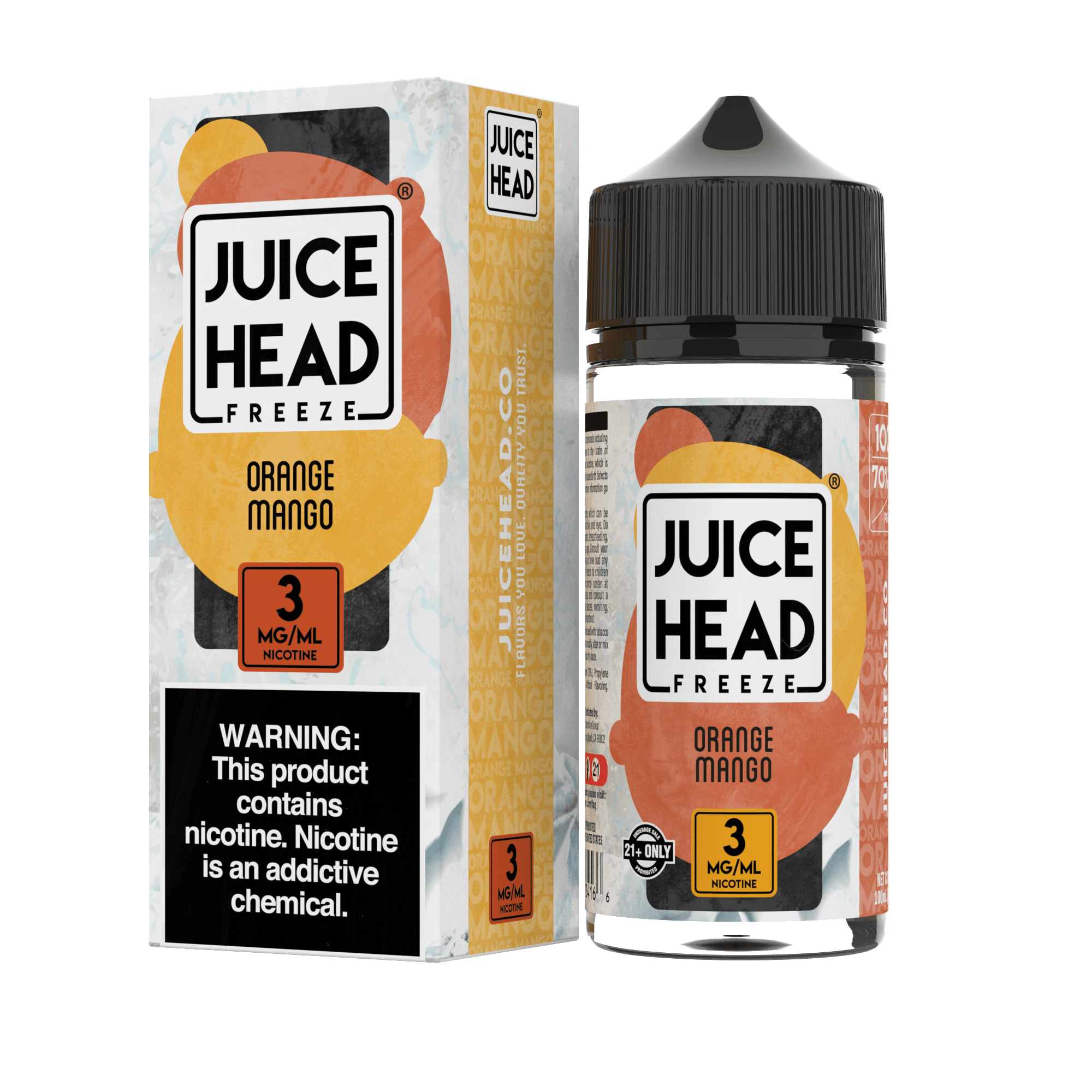 Orange Mango Freeze e-liquid by Juice Head, 100mL bottle with vibrant orange and mango flavor branding.