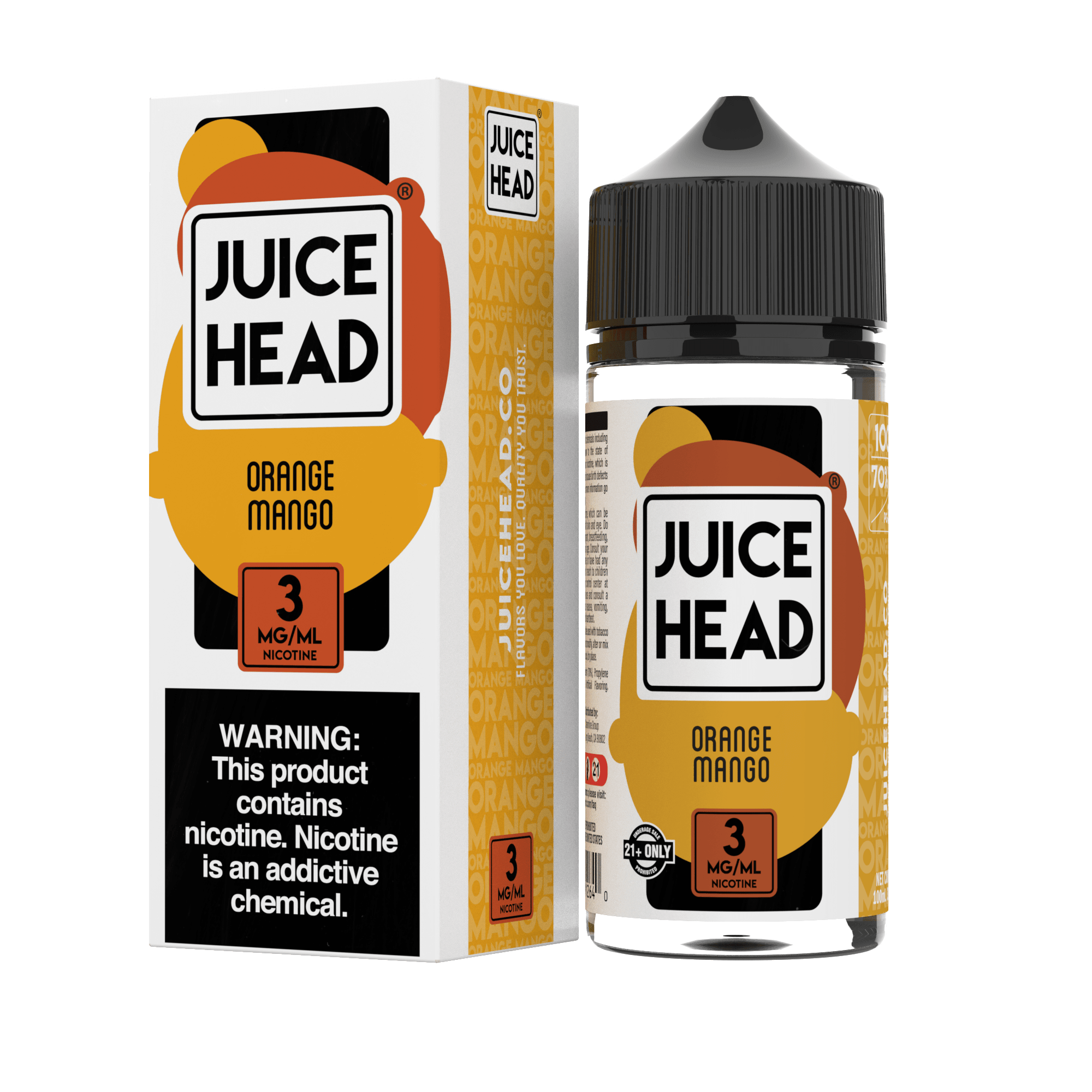 Orange Mango E-liquid by Juice Head in 100mL bottle, featuring vibrant orange and mango flavor for vaping enjoyment.