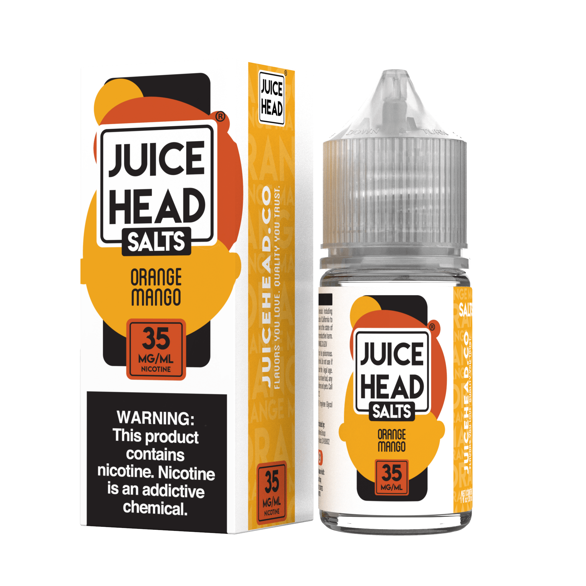 Orange and mango flavored salt e-liquid by Juice Head in a 30mL bottle, featuring vibrant orange and mango fruit visuals.