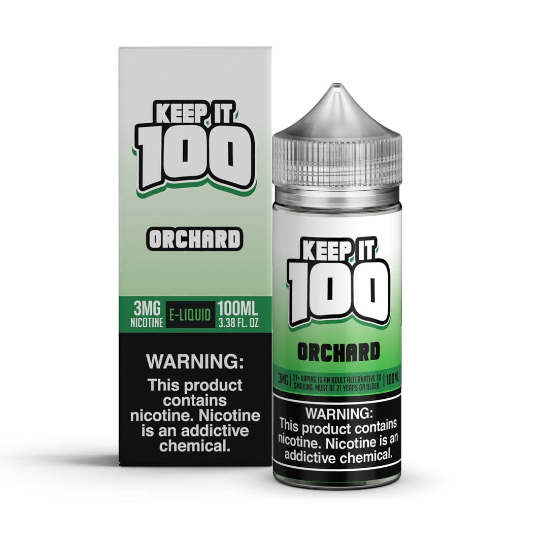 Orchard Keep It 100 e-liquid bottle, 100mL with vibrant orchard-inspired label, for use in vaping devices.