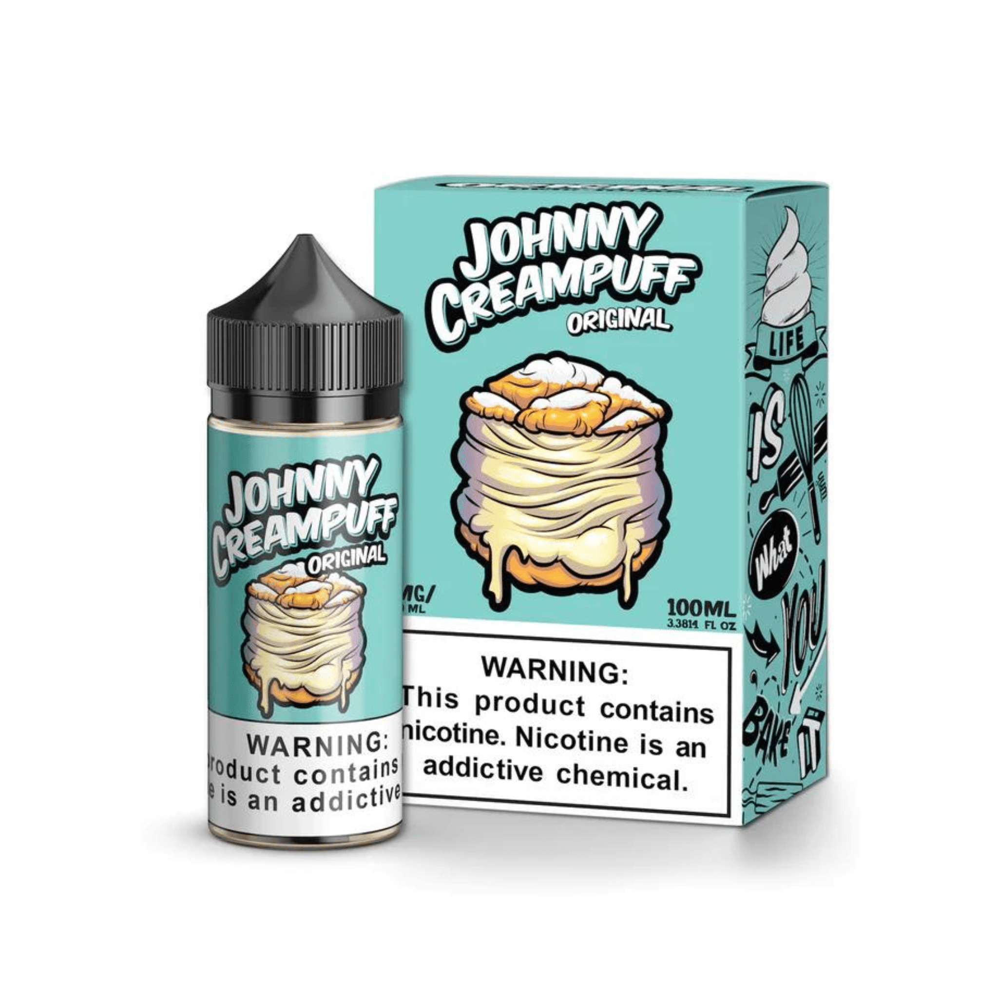 Bottle of Johnny Creampuff Original e-liquid in 100mL size with clear label and dropper cap, designed for vaping.