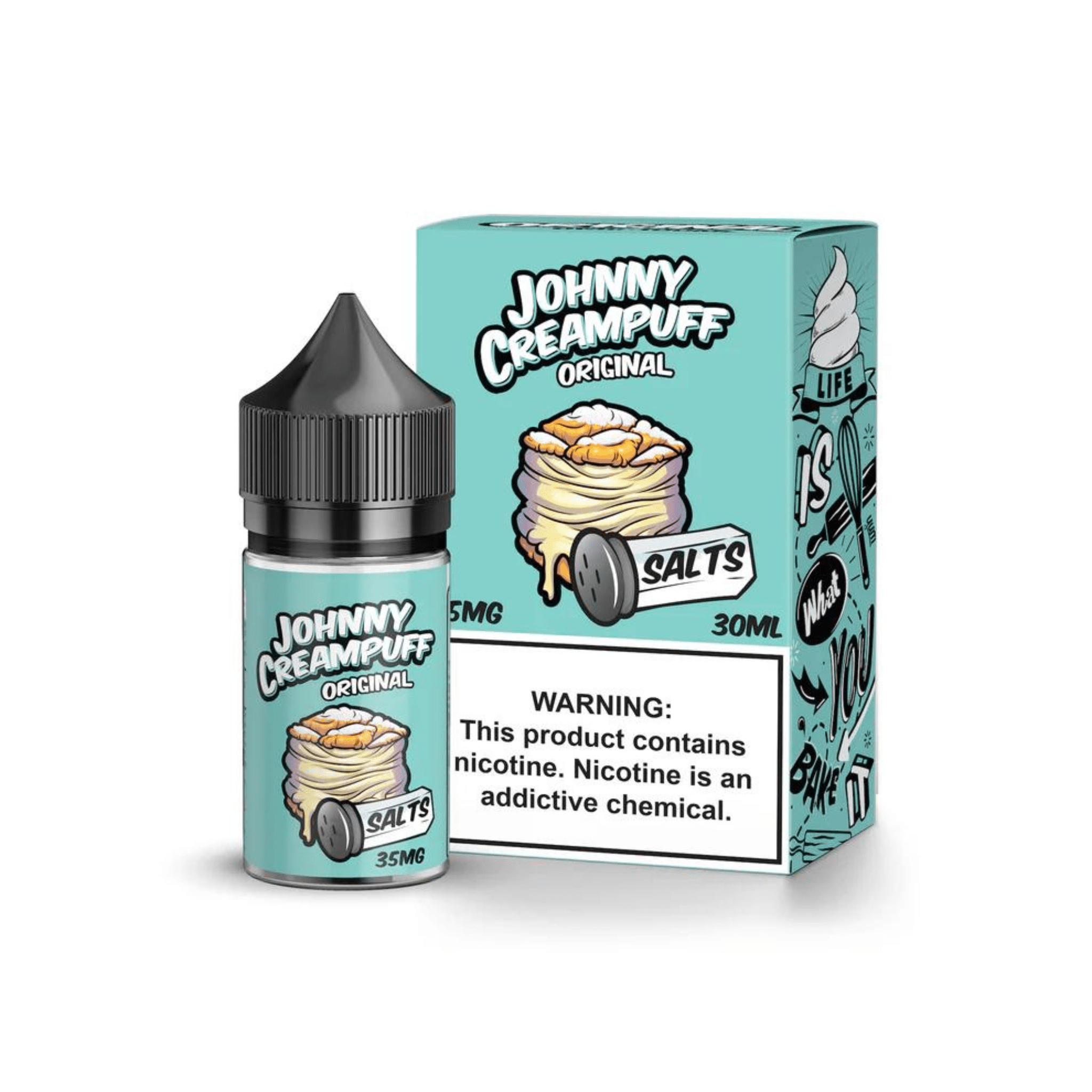 Original SALT Johnny Creampuff e-liquid in 30mL bottle, featuring creamy puff flavor with brand logo and packaging details.