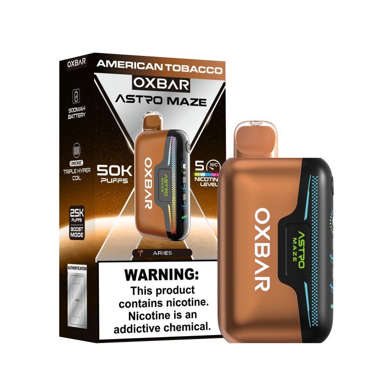 Oxbar Astro Maze 50k disposable vape with adjustable nicotine, featuring a sleek design and compact size for easy use.