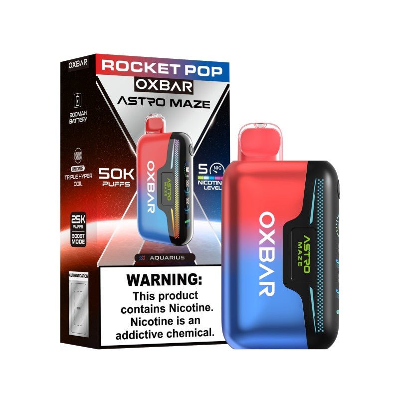 Oxbar Astro Maze 50k disposable vape with adjustable nicotine, featuring a sleek design and multiple flavor options.