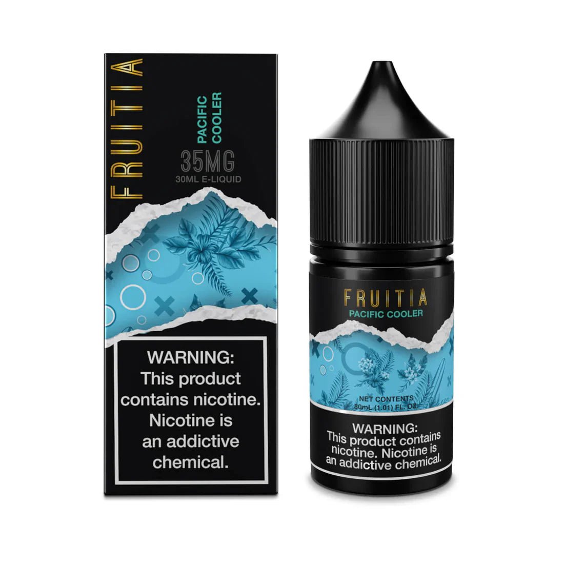 Pacific Cooler SALT e-liquid by Fruitia, 30mL bottle with fresh, cooling fruit flavor in a sleek packaging.