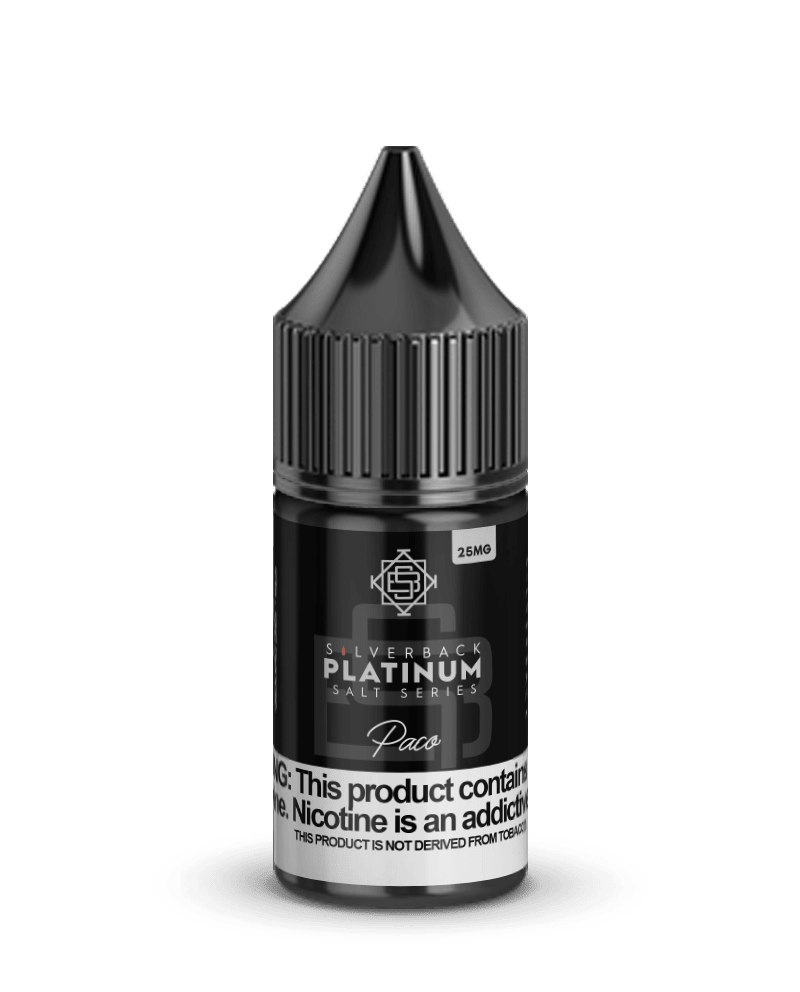 Silverback Juice Co. Paco SALT Silverback Platinum Series e-liquid 30mL bottle, featuring sleek packaging and flavor details.