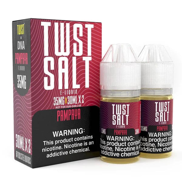 Bottle of Pampaya SALT Twist E-Liquids 60mL e-liquid with colorful label, designed for vaping.