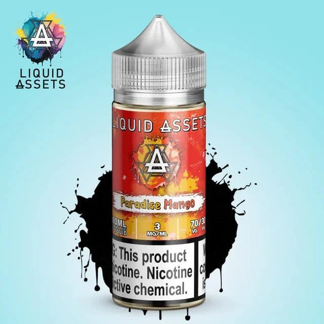 Liquid Assets Paradise Mango e-liquid in a 100mL bottle with vibrant mango imagery on the label.