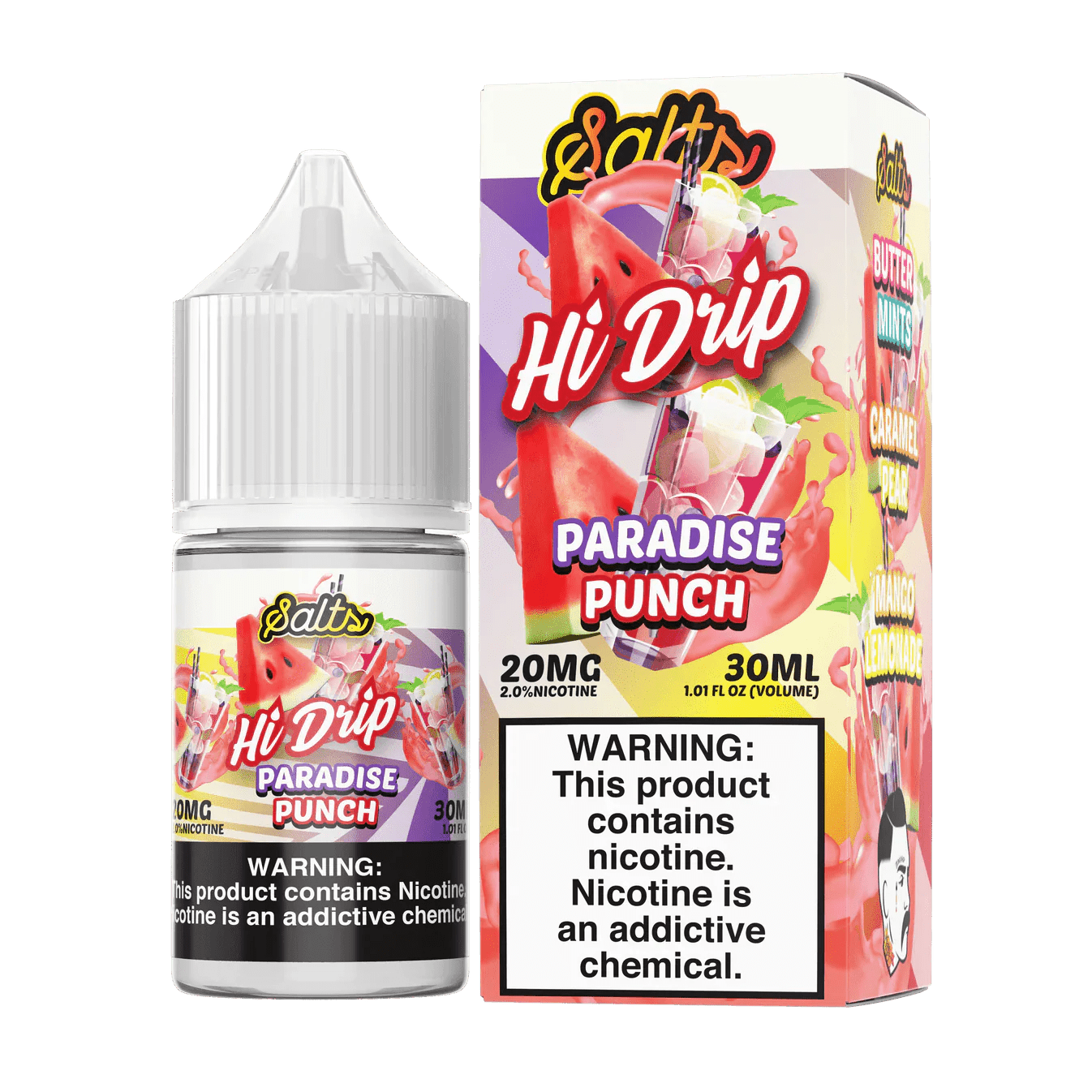 Hi Drip Paradise Punch SALT e-liquid 30mL bottle showing colorful label and packaging for vaping flavor.