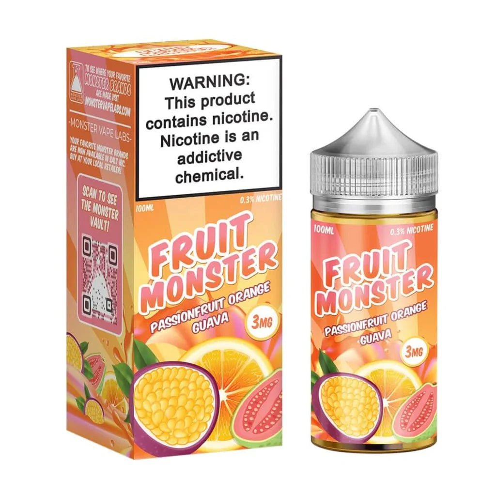 Passionfruit, orange, and guava flavored E-liquid by Fruit Monster in a 100mL bottle, vibrant tropical fruit flavor.