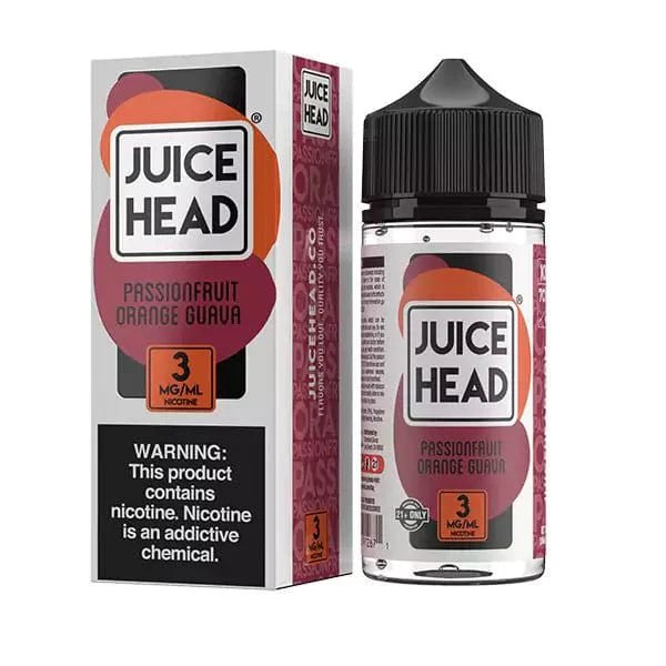 E-liquid bottle of Juice Head Passionfruit Orange Guava flavor, 100mL, with vibrant fruit illustrations on the label.