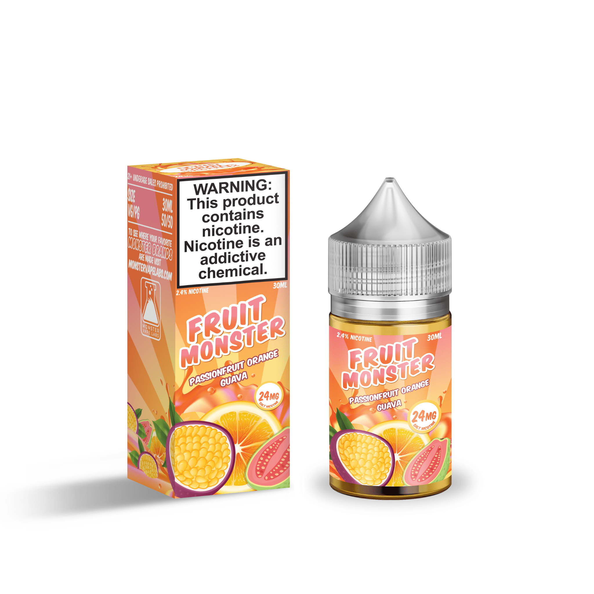 Passionfruit, orange, and guava salt e-liquid by Fruit Monster in a 30mL bottle, vibrant fruit blend for vaping.