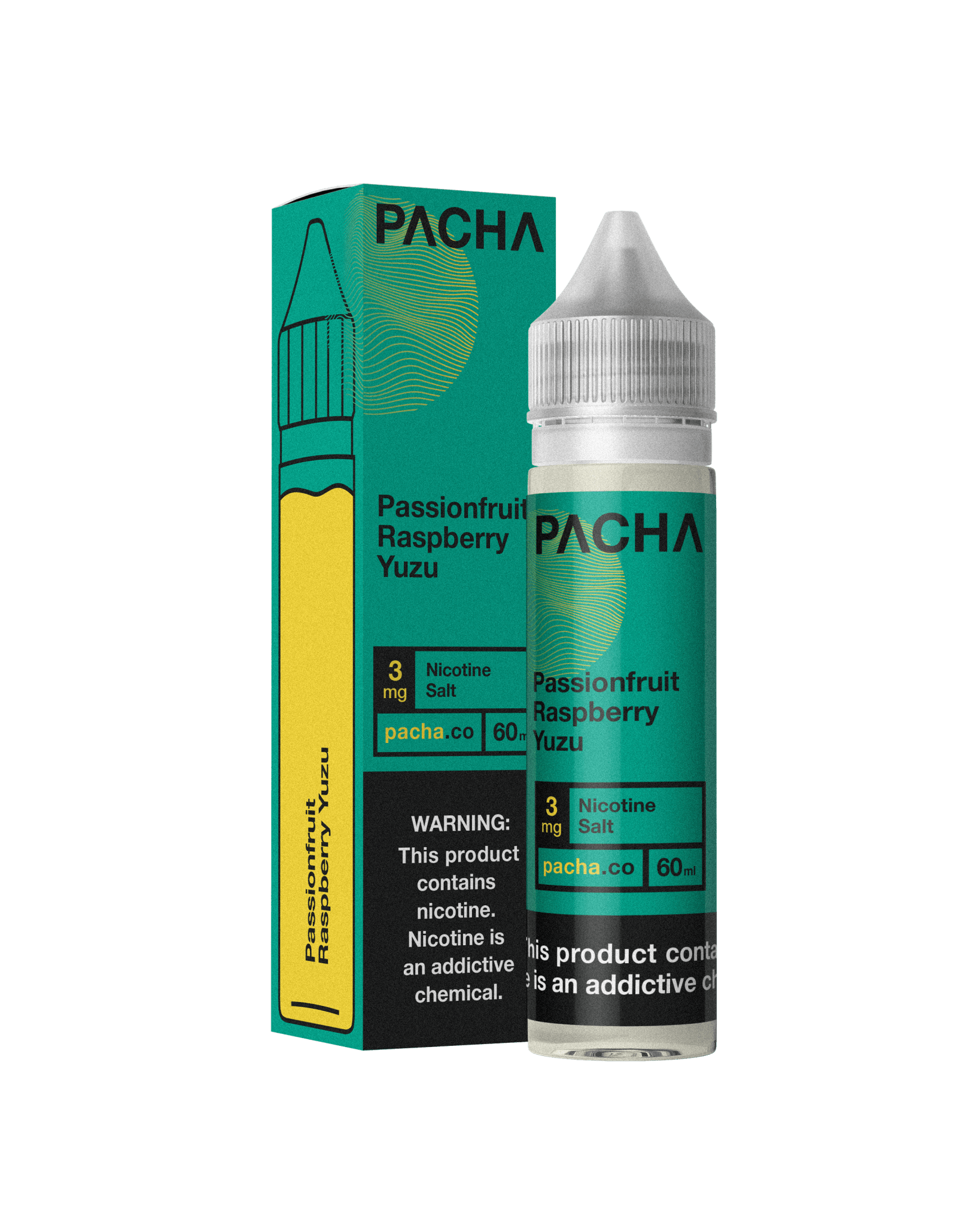 Pachamama Passionfruit Raspberry Yuzu e-liquid bottle, 60mL, featuring a vibrant label with passionfruit, raspberry, and yuzu flavor imagery.