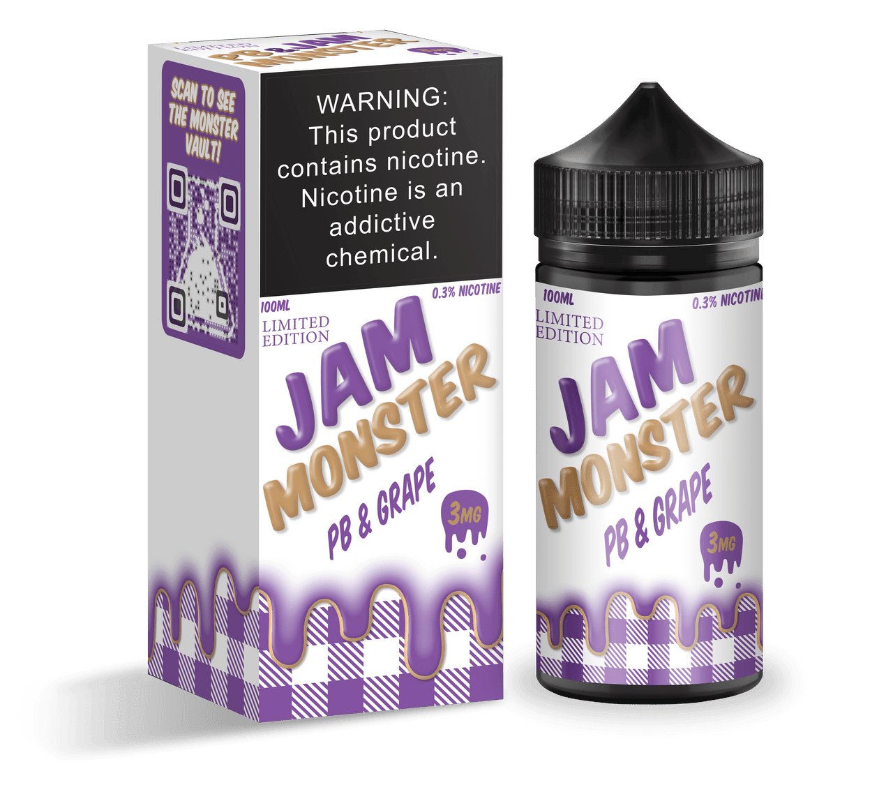 PB and Grape Jam Monster E-liquid 100mL bottle with colorful label, featuring peanut butter and grape jam flavor design.
