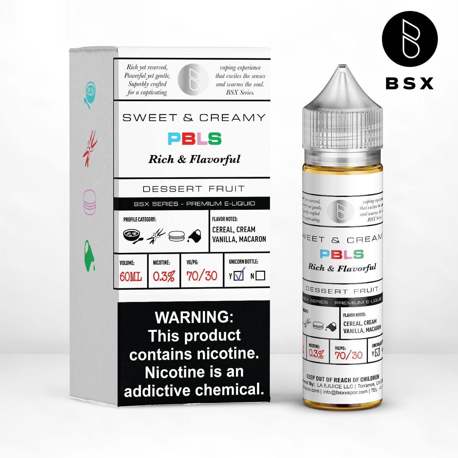 BSX Vapor PBLS BSX Series 60mL e-liquid bottle with colorful label and droplet cap, designed for vaping.