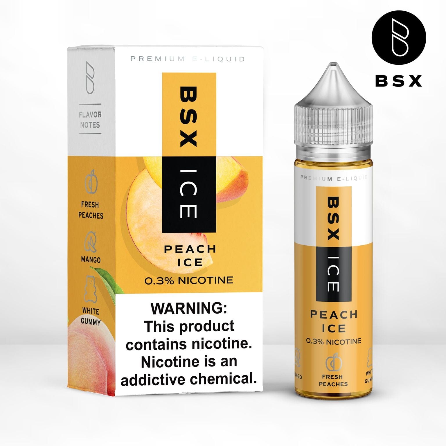 Peach ICE BSX Vapor e-liquid bottle, 60mL with peach and icy menthol flavor, in clear plastic bottle with label.