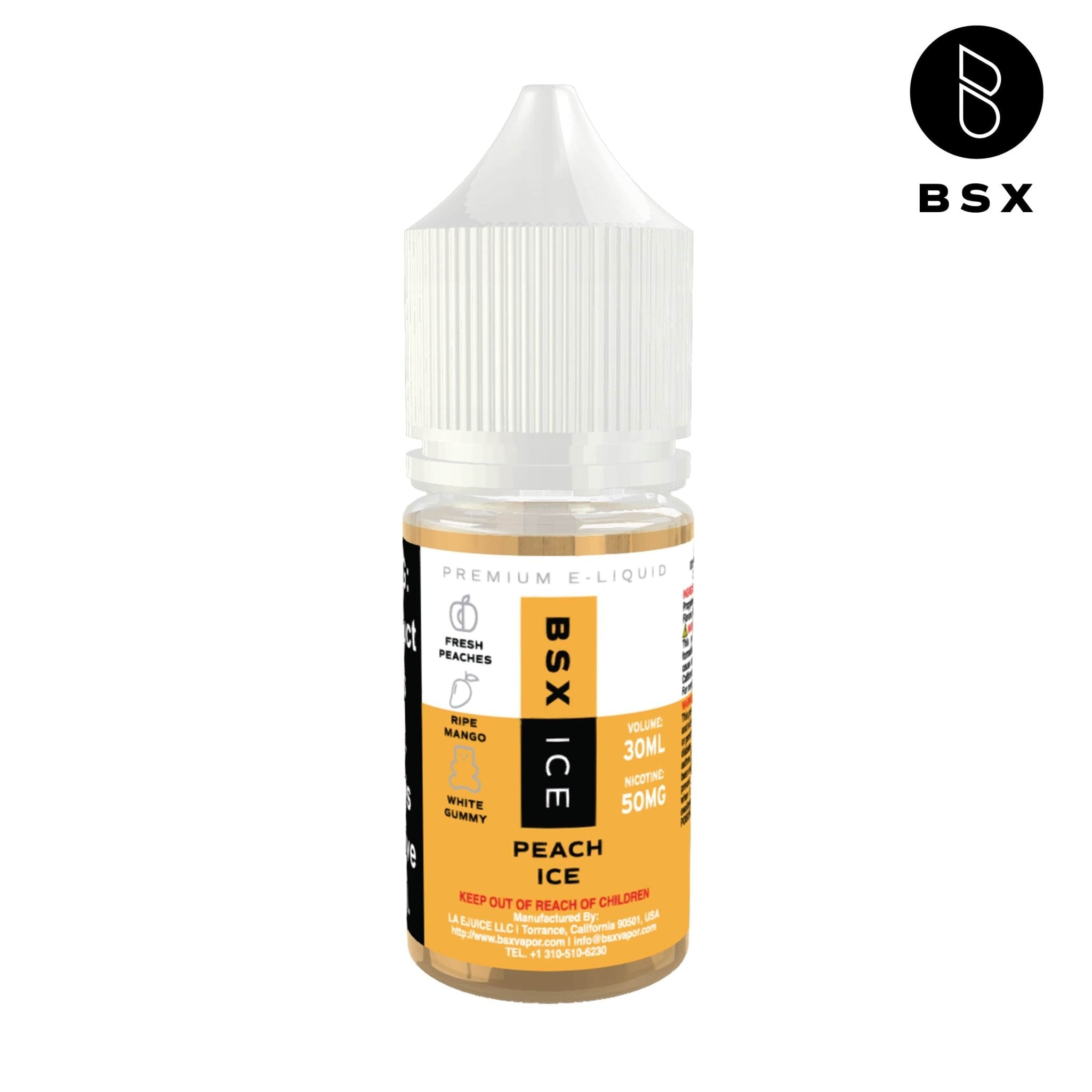Peach ICE SALT e-liquid by BSX Vapor in a 30mL bottle, featuring a refreshing peach and cool mint flavor.