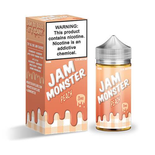 Peach Jam Monster E-liquid bottle, 100mL, featuring a label with peach imagery, for vaping or e-cigarette use.
